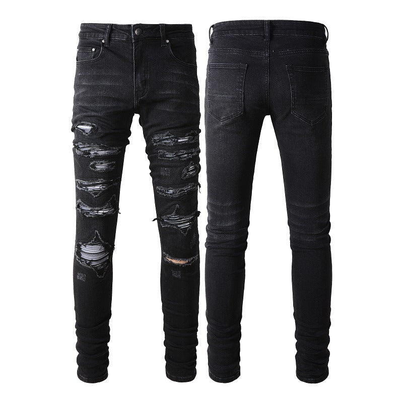 Jean slim stretch délavé noir avec détails en similicuir polyvalents 