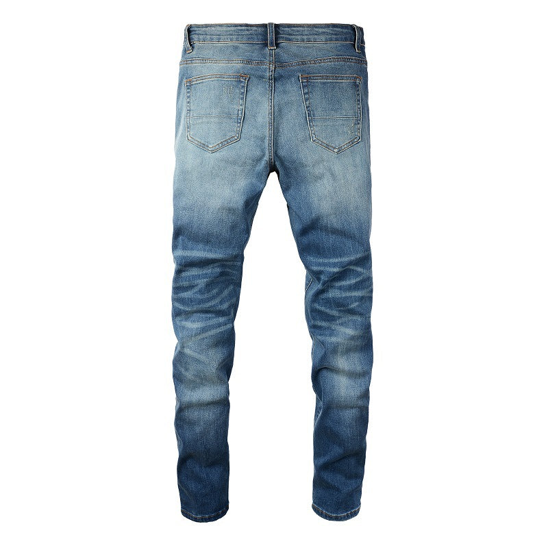 6520 Jeans Retro Plissé Déchiré Patch Jeans Slim Homme 