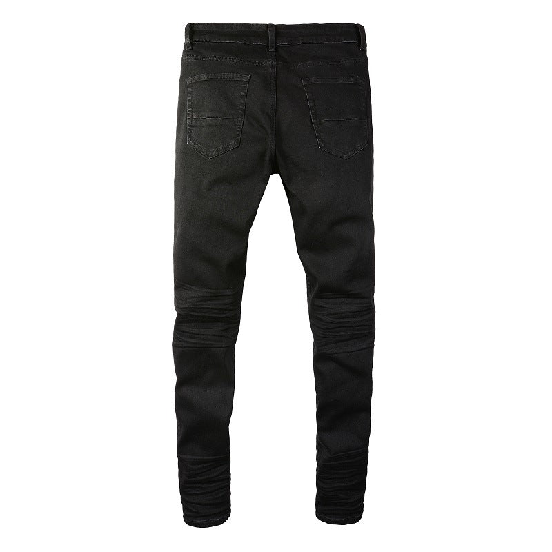 Pantalones vaqueros ajustados de diseñador para hombre, denim ajustado para hombres, negros, clásicos, para motociclistas, hip hop, rockeros, para correr, grandes y altos, para motociclistas 