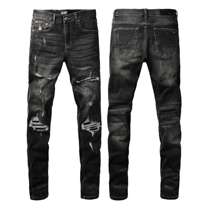 High Street Ripped Jeans Mens Patchwork Patches Star Stretch Slim Fit Pencil Pants