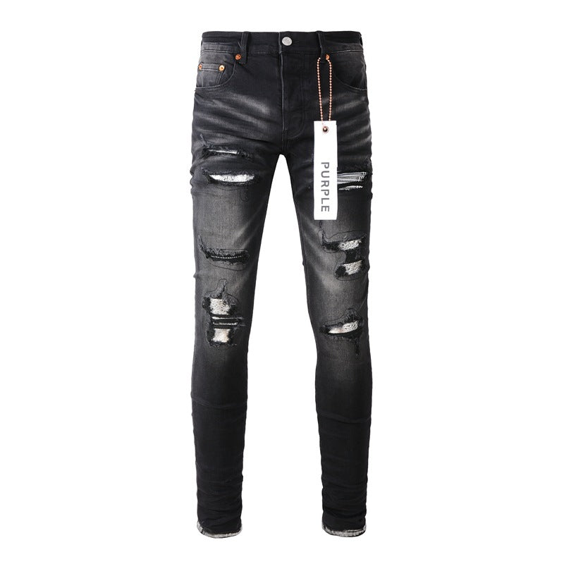 2024 New Men Black Jeans Distressed Hole Unique