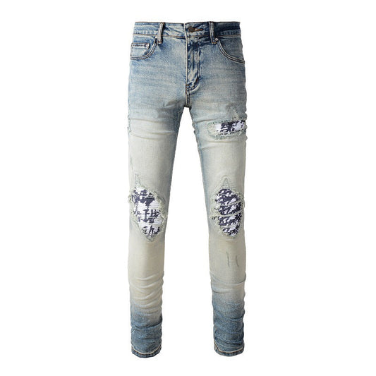 Jeans ajustados de mendigo con parches blancos y negros rotos para hombre de High Street Jeans n.° 1336 