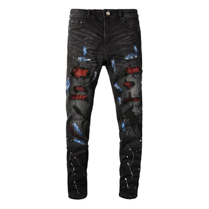 8616 Jeans Peinture Patch déchiré Jeans pour hommes Slim High Street 