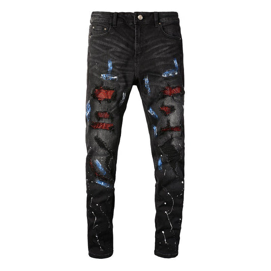 8616 Jeans Peinture Patch déchiré Jeans pour hommes Slim High Street 