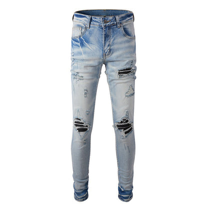 Pantalones vaqueros ajustados con parches rotos para hombre de High Street Jeans 