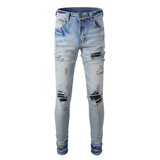 Pantalones vaqueros ajustados con parches rotos para hombre de High Street Jeans 