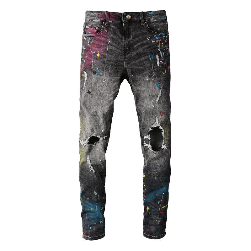 Jeans déchirés High Street pour hommes, jeans avec graffitis et peinture en aérosol, jeans slim élastiques pour hommes 5636 