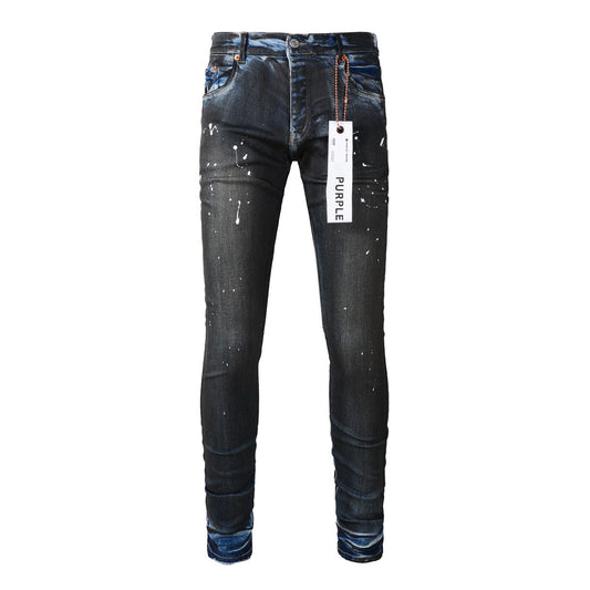 Mens Purple Skinny Jeans with Ripped Detail 9051 Fashionable Denim Biker Pants with Patches and Printed Design