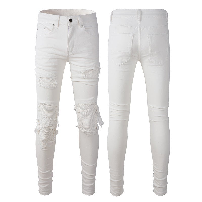 Jean slim pour homme High Street - Pantalon déchiré - Blanc - Décontracté - 592 