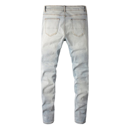 6624 High Street Ripped Patch Jeans Retro Homme Élastique Slim Fit Bleu Clair Jeans 