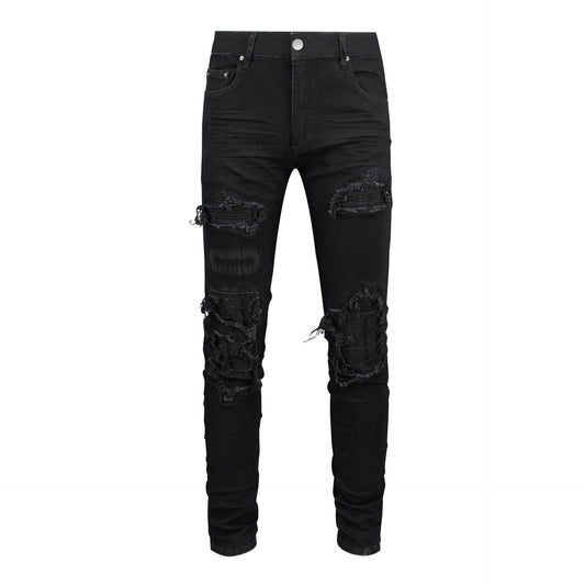 Men's Slim Fit Black Jeans with Patchwork, Wrinkle Details, and Ripped Design