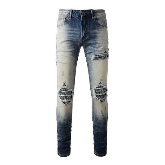 Vaqueros de hombre con parches rotos y diseño de rombos de High Street Jeans n.° 1331 