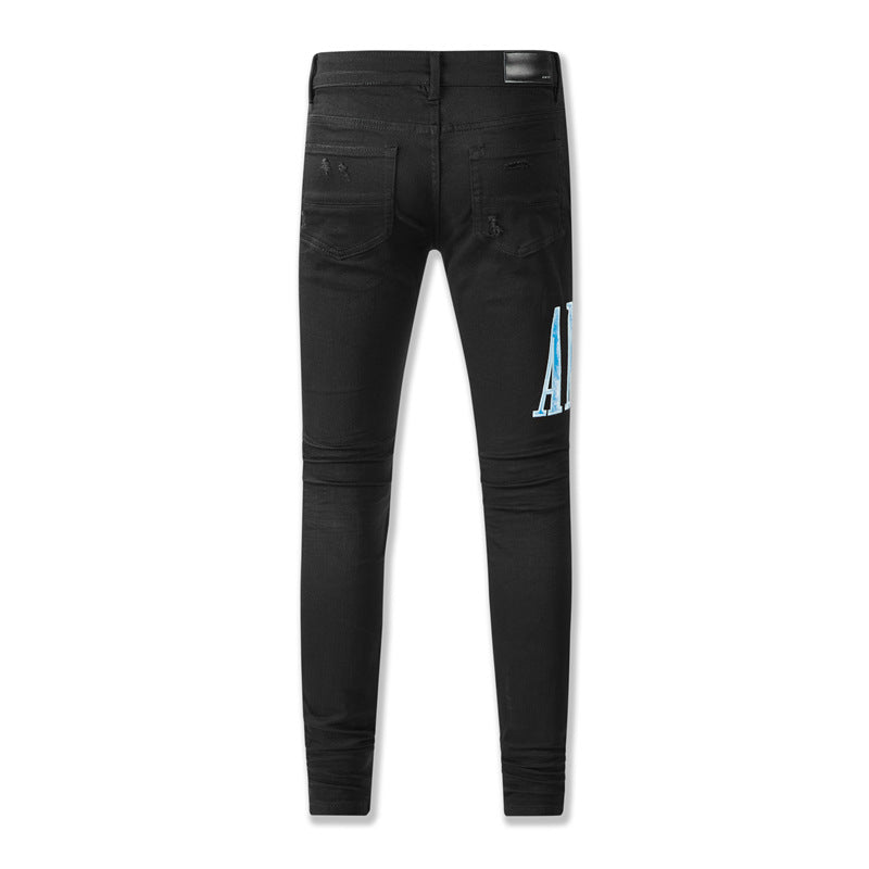 NUEVO THOM AMIRI Negro lleva letras azules vintage Vaqueros rotos 