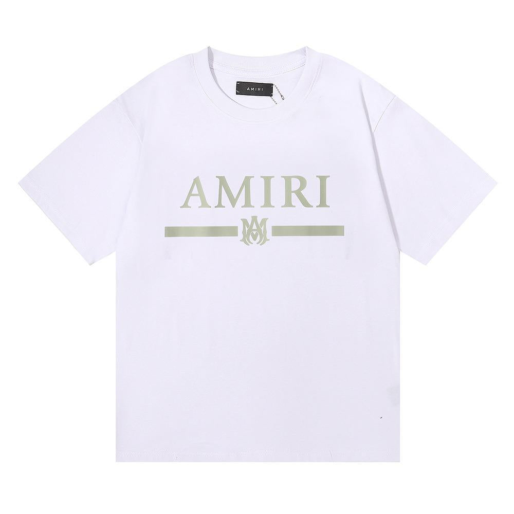 AMIRI Letter LOGO Green Printing Loose Teen Couple Men and Women with The Same Casual Double Yarn Short-sleeved T-shirt