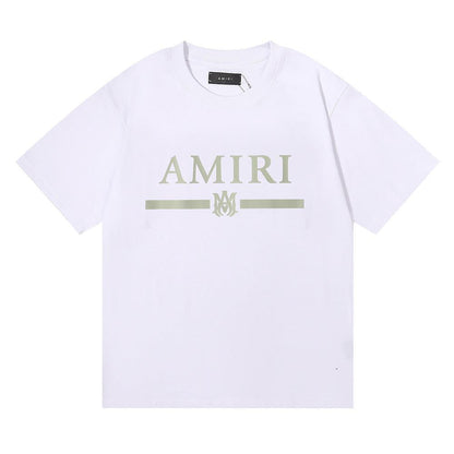 AMIRI Letter LOGO Green Printing Loose Teen Couple Men and Women with The Same Casual Double Yarn Short-sleeved T-shirt