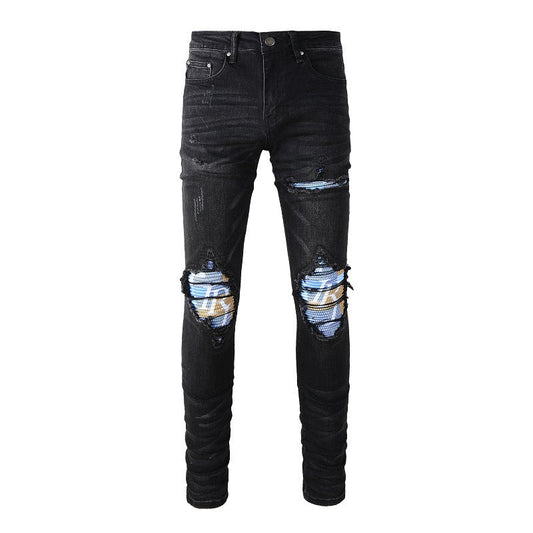 Jeans slim extensible rétro pour homme avec patch lettre artisanale Street Washing 