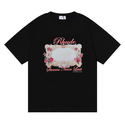 Cross-border Los Angeles Niche Trendy Clothing Rhude Design Sense Rose Short-sleeved T-shirt Men and Women The Same Wholesale