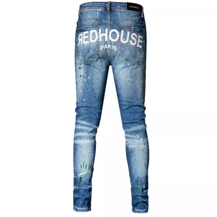 Jeans azules de pierna recta con bordado desgastado y diseño de pintura para estilo urbano 