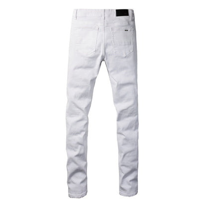 Pantalones pitillo con parches y agujeros rasgados de estilo pop para hombre, vaqueros blancos 625