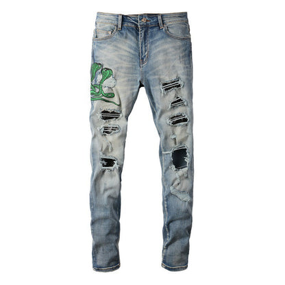 6561 Jean déchiré avec patch brodé Cobra Jean extensible slim High Street 