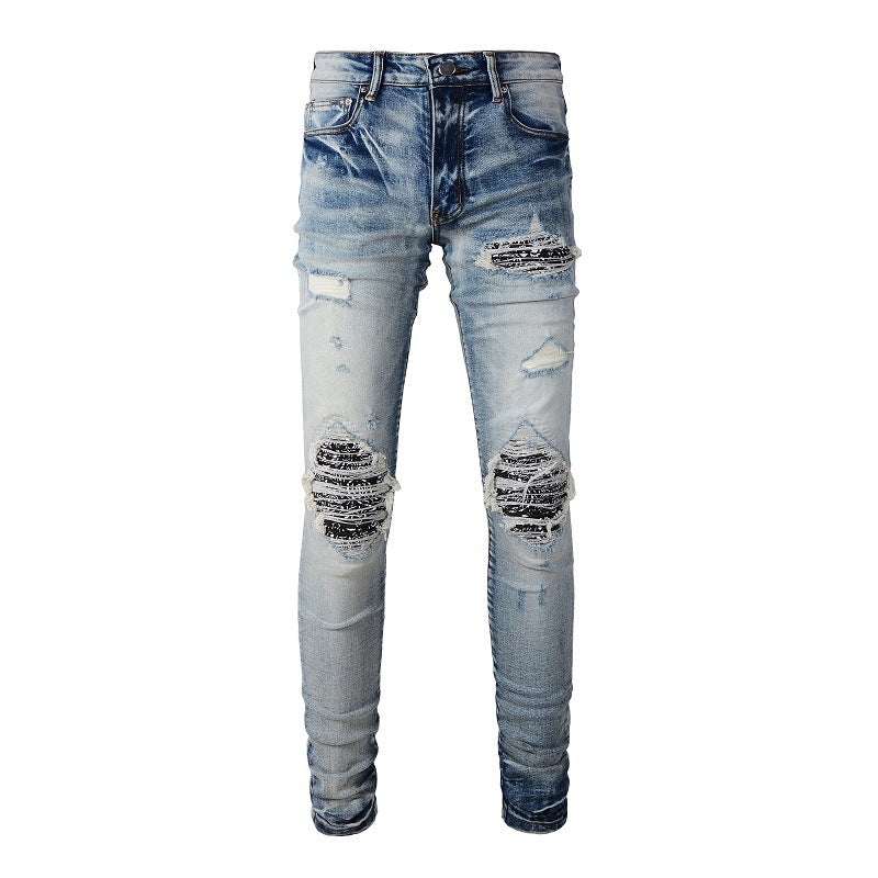 6666 High Street Ripped Patch Jeans Retro Elástico Slim High Street Denim para hombre 