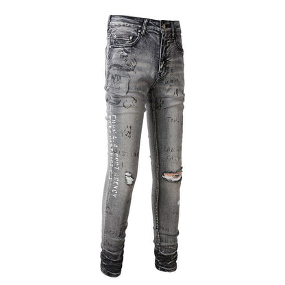 Street Denim Ripped Micro elastic Cotton Youth Gray Paint splashed Slim Jeans #879