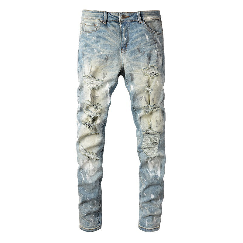 6530 Jeans Retro Paint Ripped Patch Jeans para hombre Slim Fit 