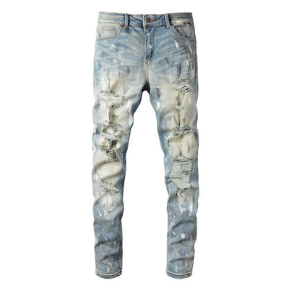 6530 Jeans Retro Paint Ripped Patch Jeans para hombre Slim Fit 