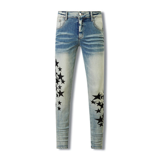 Retro Style Blue Denim with Distressed Wash and Star Shaped Faux Leather Accents