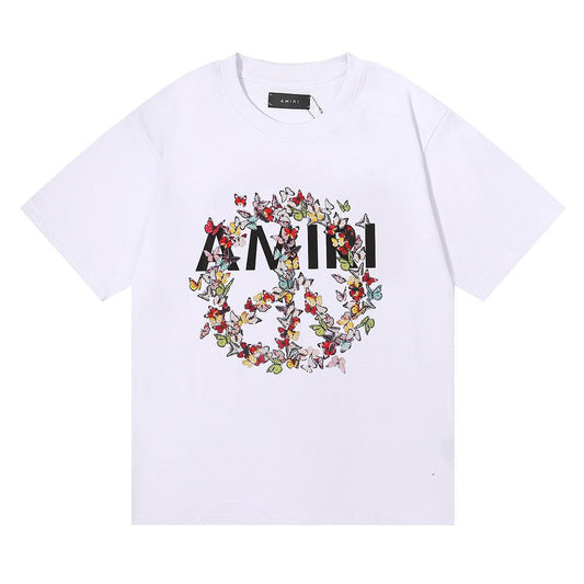 AMIRI Love and Peace Butterfly Printing Loose Teen Couple Men's and Women's Casual Double Yarn Short Sleeve T-Shirt