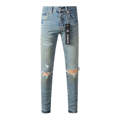 Chic Light Blue Denim Pants 9076 with Fashionable Distressed Accents