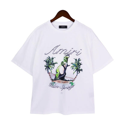 Cross-border New Amiri Short-sleeved, Summer Trendy Brand Men's Fashion Letter Dinosaur Print Casual Loose Short-sleeved Shirt