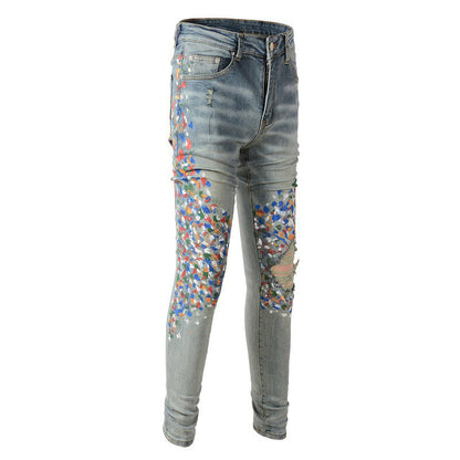 Pantalones casuales de mezclilla de calle de algodón microelástico para jóvenes, jeans ajustados con salpicaduras de pintura azul n.° 868 