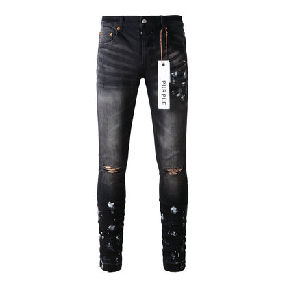 Jeans Purple With High Street Black Paint Distressed 9002 7025 Pants