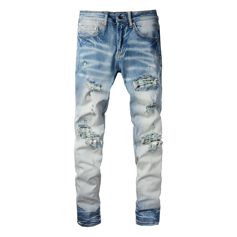 High Street Jeans Pantalon Slim Fit pour Homme avec Patch Déchiré #833 