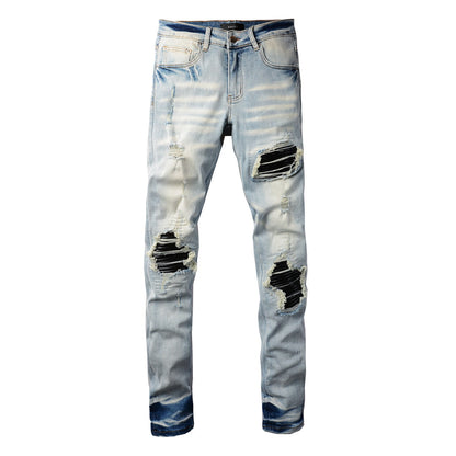 Pantalones vaqueros desgastados elásticos ajustados estilo punk para hombre con parches rotos en las rodillas, pantalones azules 