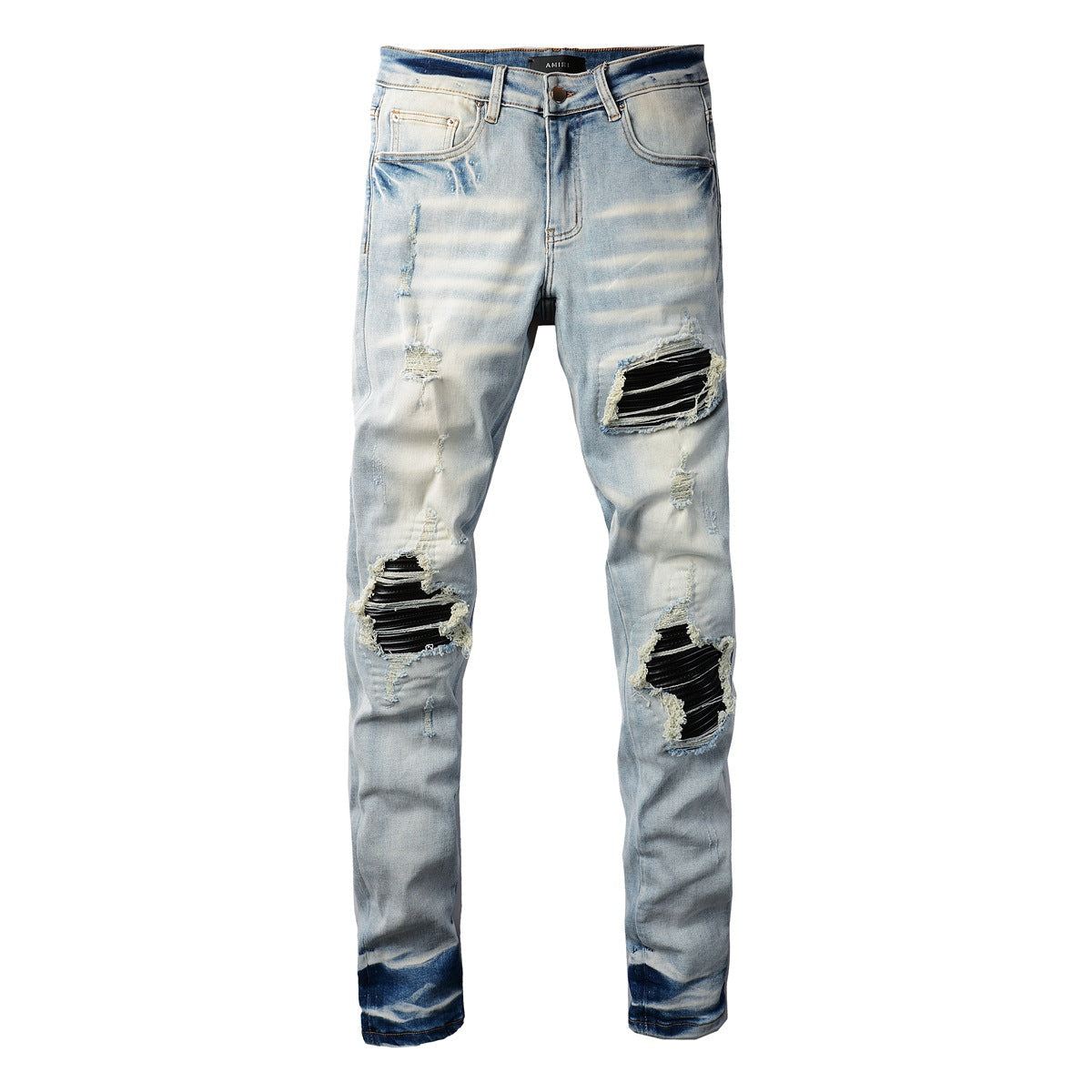 Mens Punk Slim Stretch Distressed Jeans With Ripped Knee Patch Blue Pants 848