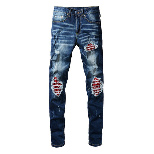 1318 High Street Ripped Patch Jeans Bleu Jeans Homme Version Coréenne 