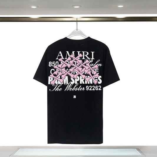 Niche Trendy Brand Amiri Short Sleeves, Summer New Pink Bone Logo Letter Print AMIRI Crew Neck T-shirt