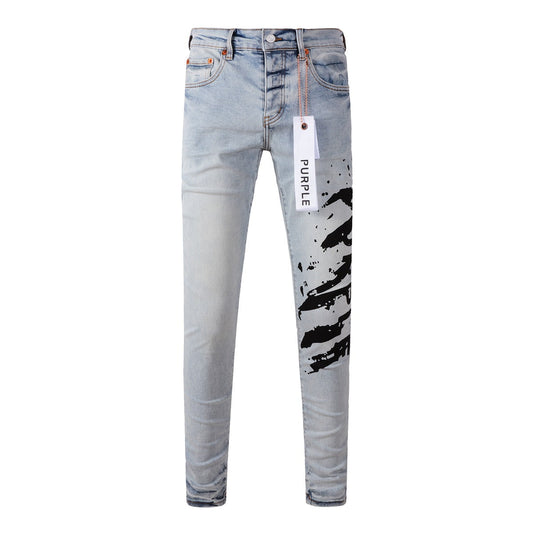 Pantalones vaqueros pitillo morados para hombre con detalle roto, pantalones vaqueros de motociclista de moda con parches y diseño estampado, pantalones vaqueros morados 