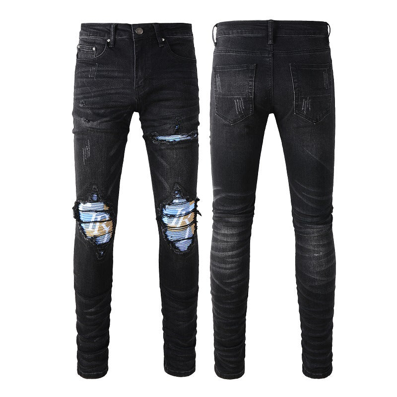 Jeans slim extensible rétro pour homme avec patch lettre artisanale Street Washing 