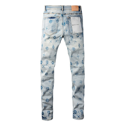 Blue Denim Pants 9063 with Unique Print Details for a Forward Look