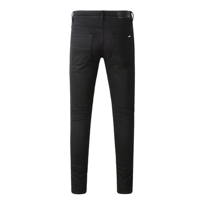 Jean slim stretch noir au design polyvalent et empiècements en similicuir 