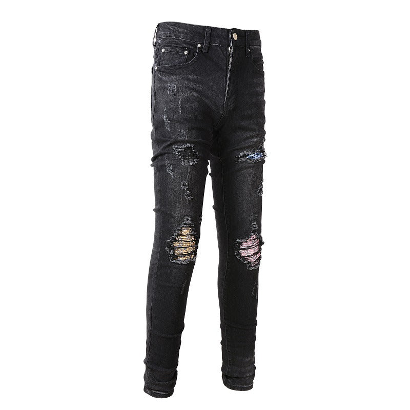 Pantalones vaqueros rasgados con parches de calle High Street Pantalones ajustados para hombre Denim n.° 867 