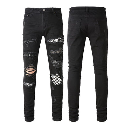 8538 High Street Ripped Patch Diamond incrusté de jeans minces pour hommes Slim Fit 