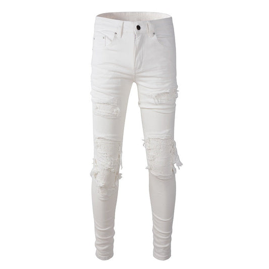 Pantalones vaqueros ajustados con parches rotos para hombre de High Street, pantalones vaqueros casuales blancos 592 