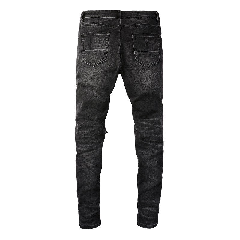 8806 Jeans rétro déchiré pour homme, élastique, fin et fin 