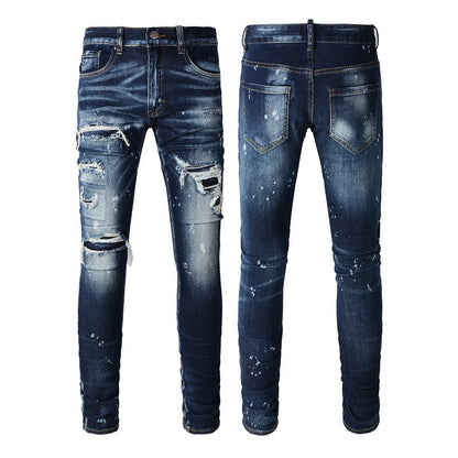 Jeans de hombre estilo coreano con parches y agujeros, estilo retro, azul, versión 6905 