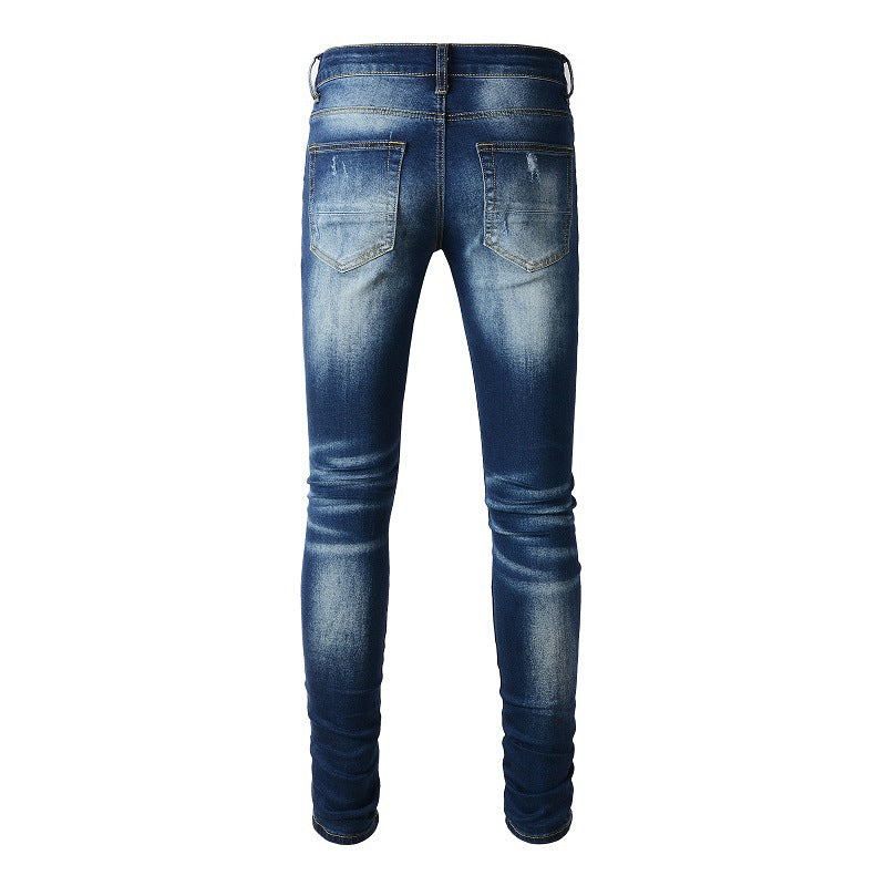 1318 High Street Ripped Patch Jeans Bleu Jeans Homme Version Coréenne 