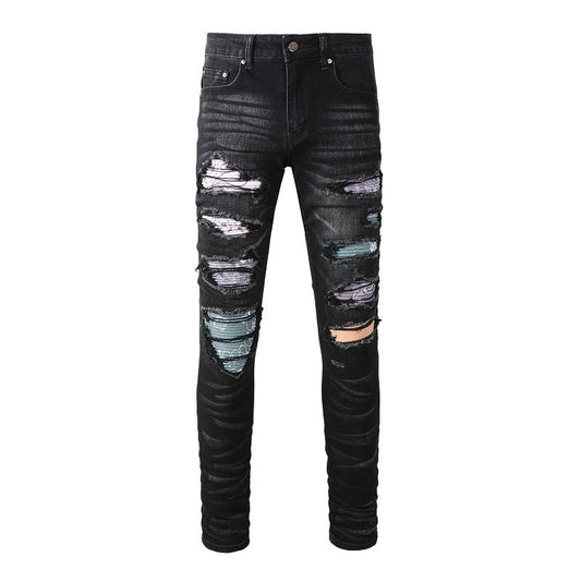 Jeans de hombre con rodillas de mendigo y parches coloridos rotos High Street Jeans n.° 1334 